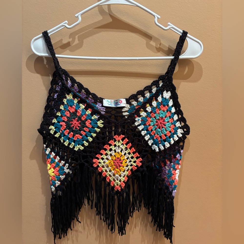 India Boutique Black and Colorful Crochet Top No Size Tag Measures Small PTP 18
